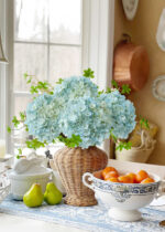 bule silk hydrangeas in the vase on the table