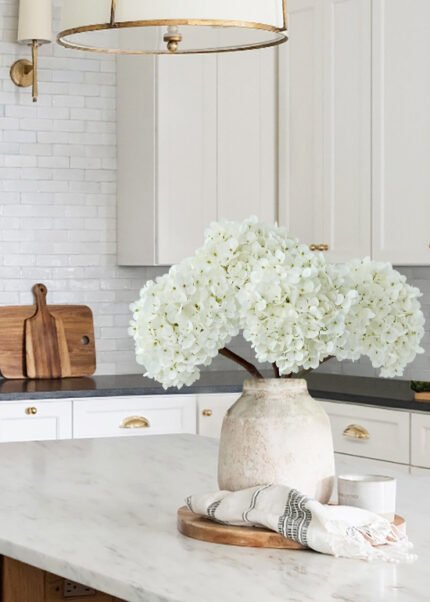 white silk hydrangeas in the pot